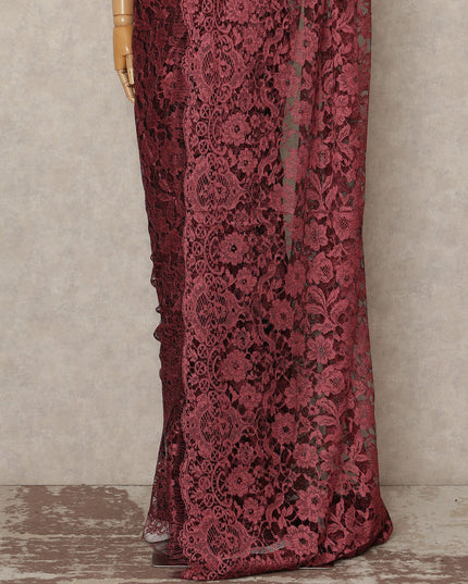 Wine Red French Chantilly Saree Lace Elegant Floral Net Design 5.5 Mtrs Length 110 Cms Width Premium Soft Sheer Fabric France Origin-D28941 Regal Fabrics