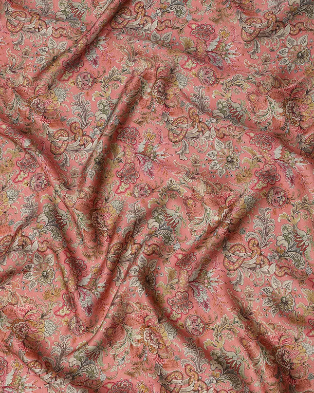 Coral Pink Vintage Floral Paisley Printed Blended Cotton Linen Fabric Ornamental Botanical Classic Pattern Natural Textured Dressmaking Fabric 110 Cms Width Made In India-D28347