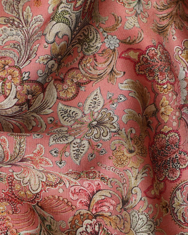 Coral Pink Vintage Floral Paisley Printed Blended Cotton Linen Fabric Ornamental Botanical Classic Pattern Natural Textured Dressmaking Fabric 110 Cms Width Made In India-D28347