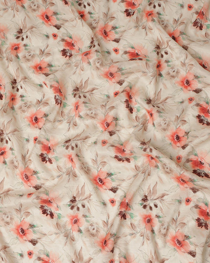 Beige Coral Floral Printed Viscose Modal Satin Fabric Soft Smooth Lightweight Botanical Flower Pattern Elegant Dress Craft Sewing Material 110 Cms Width Made In India-D28312