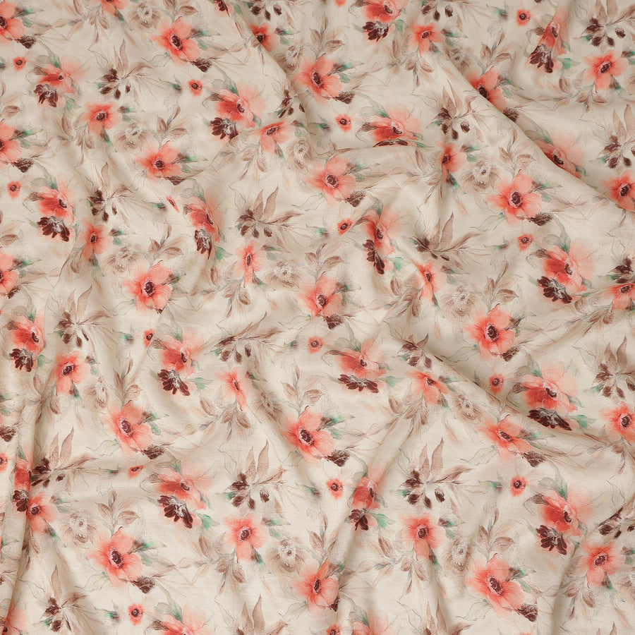 Beige Coral Floral Printed Viscose Modal Satin Fabric Soft Smooth Lightweight Botanical Flower Pattern Elegant Dress Craft Sewing Material 110 Cms Width Made In India-D28312
