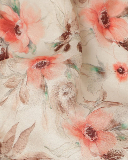 Beige Coral Floral Printed Viscose Modal Satin Fabric Soft Smooth Lightweight Botanical Flower Pattern Elegant Dress Craft Sewing Material 110 Cms Width Made In India-D28312