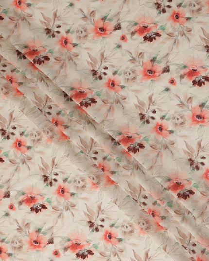 Beige Coral Floral Printed Viscose Modal Satin Fabric Soft Smooth Lightweight Botanical Flower Pattern Elegant Dress Craft Sewing Material 110 Cms Width Made In India-D28312