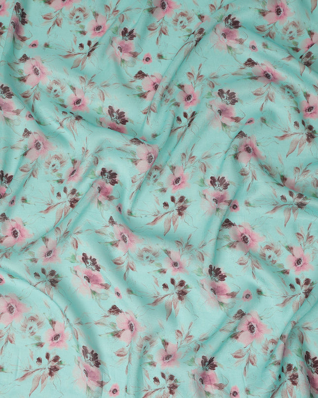 Mint Aqua Floral Printed Viscose Modal Satin Fabric Soft Smooth Lightweight Watercolor Botanical Flower Pattern Elegant Dress Sewing Fabric 110 Cms Width Made In India-D28315