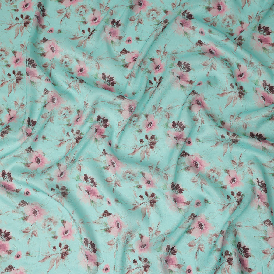 Mint Aqua Floral Printed Viscose Modal Satin Fabric Soft Smooth Lightweight Watercolor Botanical Flower Pattern Elegant Dress Sewing Fabric 110 Cms Width Made In India-D28315