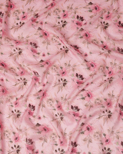 Blush Pink Floral Printed Viscose Modal Satin Fabric Soft Smooth Lightweight Watercolor Botanical Flower Pattern Elegant Dress Sewing Material 110 Cms Width Made In India-D28313