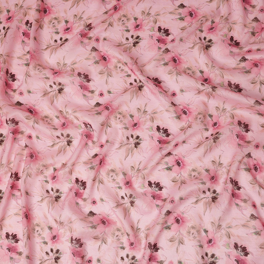 Blush Pink Floral Printed Viscose Modal Satin Fabric Soft Smooth Lightweight Watercolor Botanical Flower Pattern Elegant Dress Sewing Material 110 Cms Width Made In India-D28313