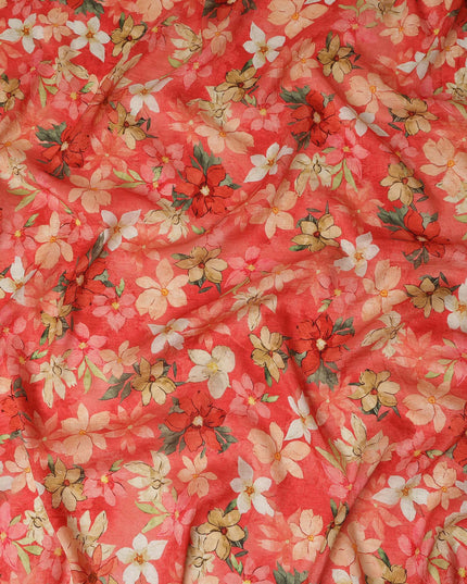 Coral Red Floral Printed Viscose Modal Satin Fabric Soft Smooth Lightweight Botanical Flower Pattern Elegant Dress Sewing Craft Fabric 110 Cms Width Made In India-D28314