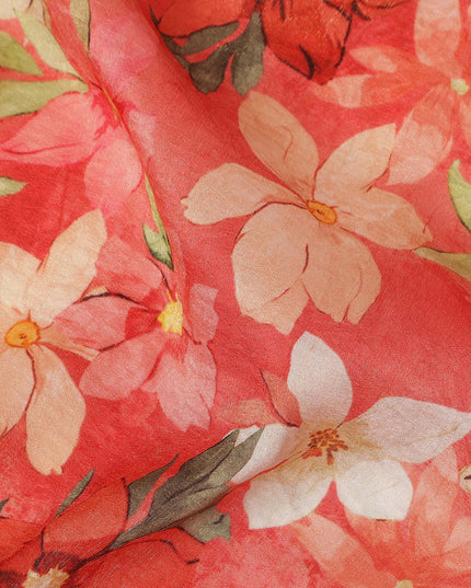 Coral Red Floral Printed Viscose Modal Satin Fabric Soft Smooth Lightweight Botanical Flower Pattern Elegant Dress Sewing Craft Fabric 110 Cms Width Made In India-D28314