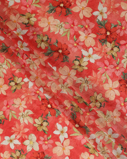 Coral Red Floral Printed Viscose Modal Satin Fabric Soft Smooth Lightweight Botanical Flower Pattern Elegant Dress Sewing Craft Fabric 110 Cms Width Made In India-D28314