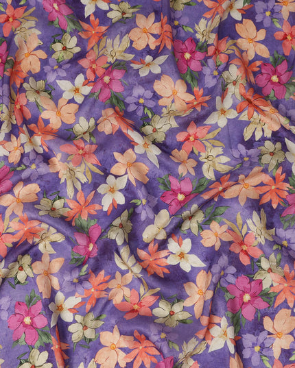 Purple Multicolor Floral Printed Viscose Modal Satin Fabric Soft Smooth Lightweight Flowing Botanical Flower Pattern Dress Sewing Material 110 Cms Width Made In India-D28311