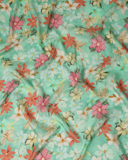 Mint Green Floral Printed Viscose Modal Satin Fabric Soft Smooth Lightweight Dress Craft Fabric 110 Cms Width Flowing Floral Pattern Premium Apparel Material Made In India Textile Origin-D28309