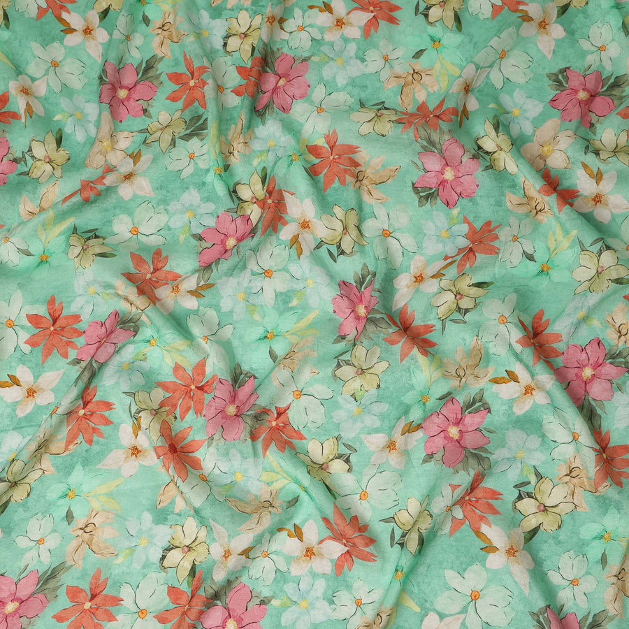 Mint Green Floral Printed Viscose Modal Satin Fabric Soft Smooth Lightweight Dress Craft Fabric 110 Cms Width Flowing Floral Pattern Premium Apparel Material Made In India Textile Origin-D28309