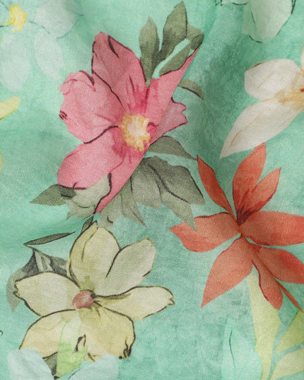 Mint Green Floral Printed Viscose Modal Satin Fabric Soft Smooth Lightweight Dress Craft Fabric 110 Cms Width Flowing Floral Pattern Premium Apparel Material Made In India Textile Origin-D28309