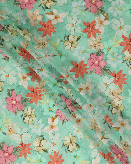 Mint Green Floral Printed Viscose Modal Satin Fabric Soft Smooth Lightweight Dress Craft Fabric 110 Cms Width Flowing Floral Pattern Premium Apparel Material Made In India Textile Origin-D28309