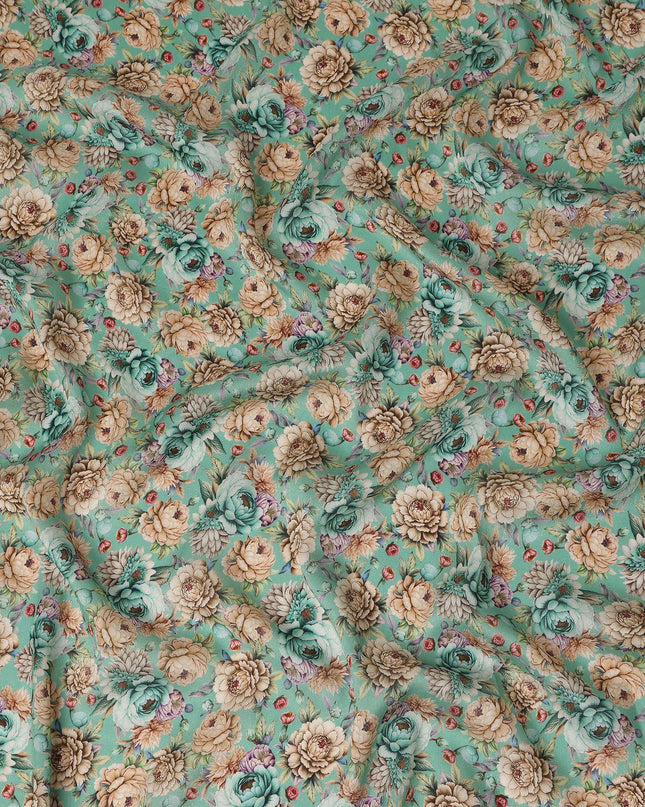 Mint Green Vintage Floral Rose Printed Viscose Modal Satin Fabric Soft Smooth Lightweight Botanical Flower Pattern Elegant Dress Sewing Fabric 110 Cms Width Made In India-D28319