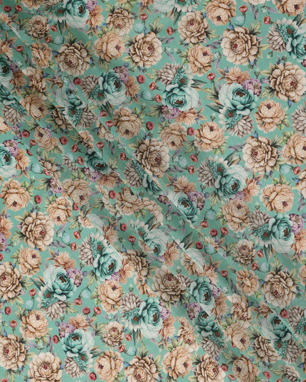 Mint Green Vintage Floral Rose Printed Viscose Modal Satin Fabric Soft Smooth Lightweight Botanical Flower Pattern Elegant Dress Sewing Fabric 110 Cms Width Made In India-D28319
