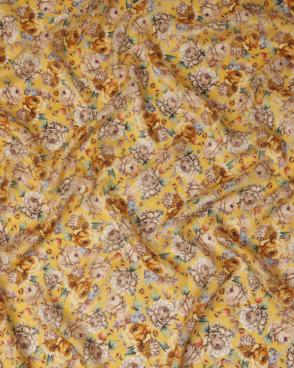 Mustard Yellow Vintage Rose Floral Printed Viscose Modal Satin Fabric Soft Smooth Lightweight Botanical Flower Pattern Elegant Dress Sewing Fabric 110 Cms Width Made In India-D28320