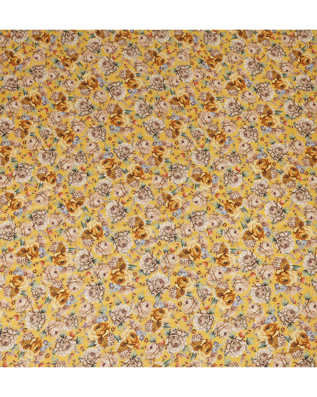 Mustard Yellow Vintage Rose Floral Printed Viscose Modal Satin Fabric Soft Smooth Lightweight Botanical Flower Pattern Elegant Dress Sewing Fabric 110 Cms Width Made In India-D28320
