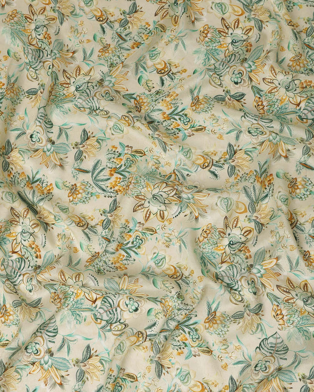 Ivory Beige Botanical Floral Printed Viscose Modal Satin Fabric Soft Smooth Lightweight Vintage Garden Flower Pattern Elegant Dress Sewing Fabric 110 Cms Width Made In India-D28318