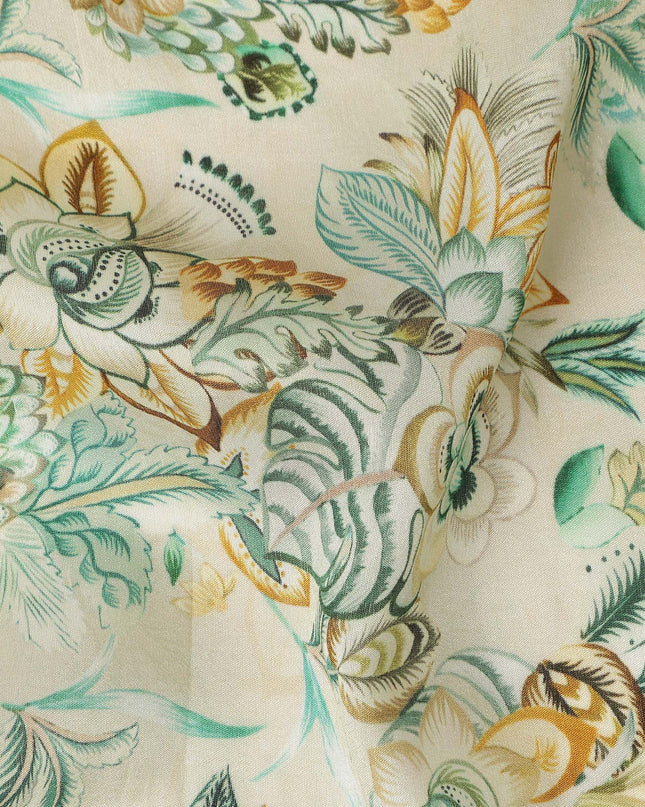 Ivory Beige Botanical Floral Printed Viscose Modal Satin Fabric Soft Smooth Lightweight Vintage Garden Flower Pattern Elegant Dress Sewing Fabric 110 Cms Width Made In India-D28318