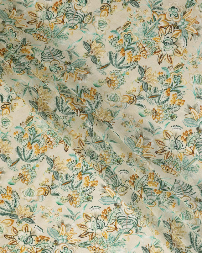 Ivory Beige Botanical Floral Printed Viscose Modal Satin Fabric Soft Smooth Lightweight Vintage Garden Flower Pattern Elegant Dress Sewing Fabric 110 Cms Width Made In India-D28318