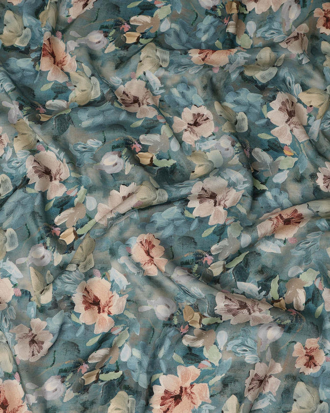 Teal Blue Floral Printed Viscose Modal Satin Fabric 110 Cms India Origin-D27568 - Regal Fabrics