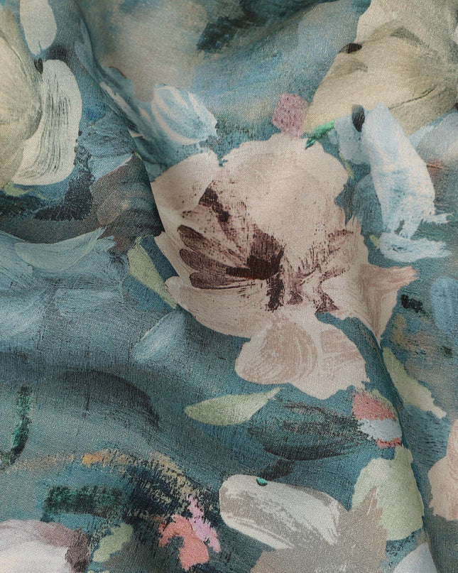 Teal Blue Floral Printed Viscose Modal Satin Fabric 110 Cms India Origin-D27568 - Regal Fabrics
