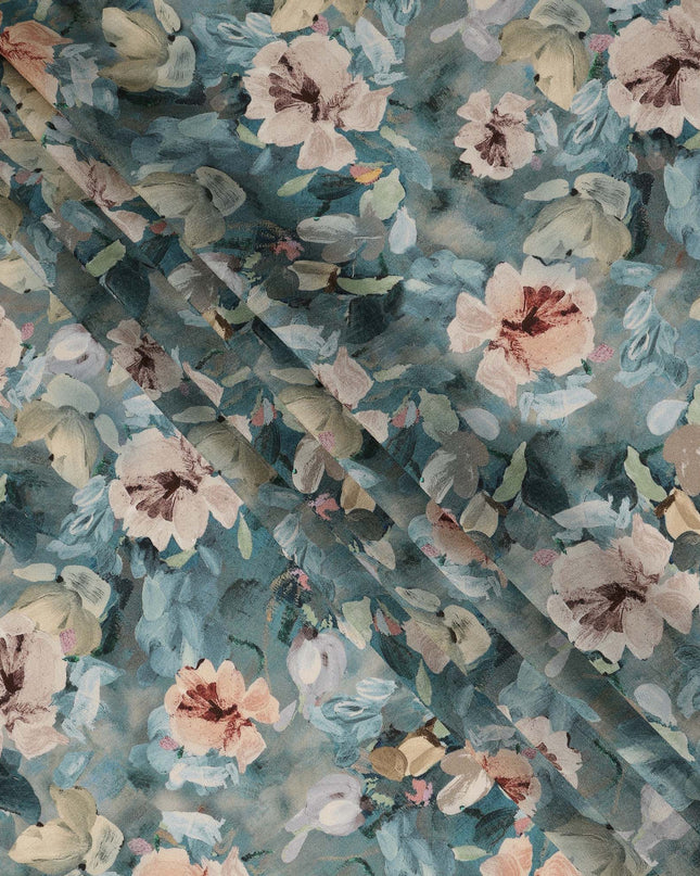 Teal Blue Floral Printed Viscose Modal Satin Fabric 110 Cms India Origin-D27568 - Regal Fabrics