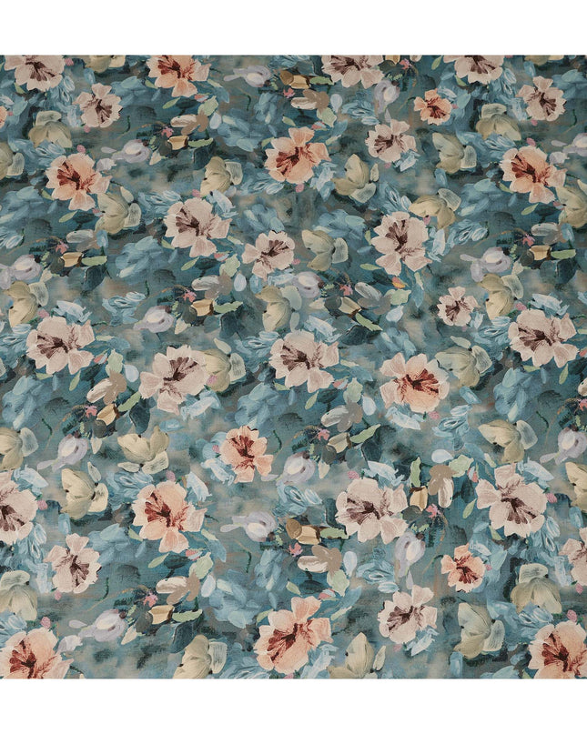 Teal Blue Floral Printed Viscose Modal Satin Fabric 110 Cms India Origin-D27568 - Regal Fabrics