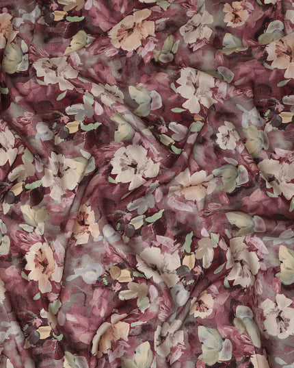 Maroon Floral Printed Viscose Modal Satin Fabric 110 Cms India Origin-D27566