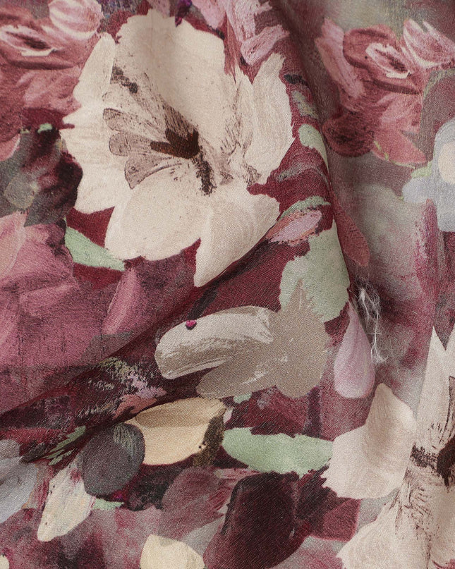 Maroon Floral Printed Viscose Modal Satin Fabric 110 Cms India Origin-D27566