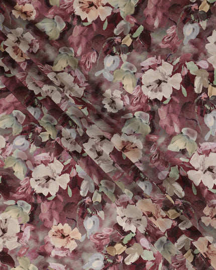 Maroon Floral Printed Viscose Modal Satin Fabric 110 Cms India Origin-D27566