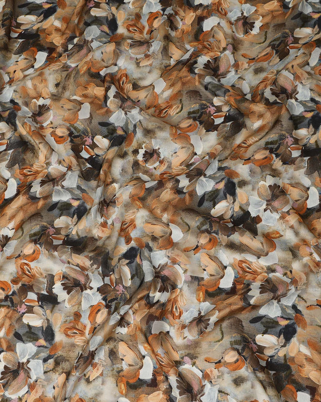 Beige Brown Abstract Floral Printed Viscose Modal Satin Fabric 110 Cms India Origin-D27564