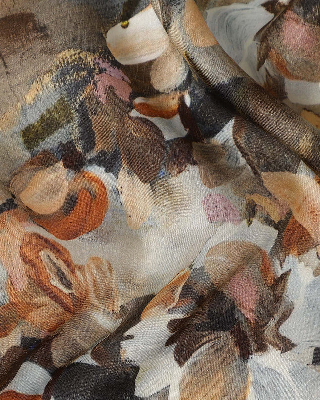 Beige Brown Abstract Floral Printed Viscose Modal Satin Fabric 110 Cms India Origin-D27564