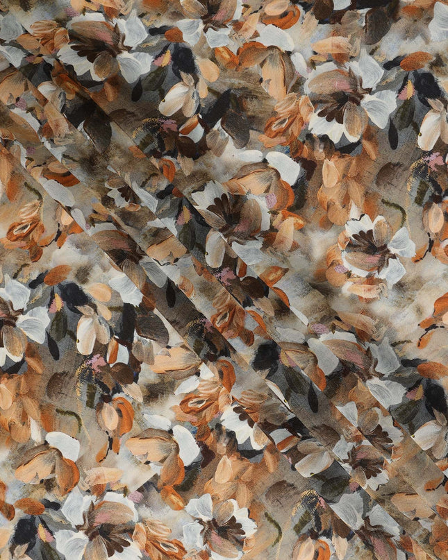 Beige Brown Abstract Floral Printed Viscose Modal Satin Fabric 110 Cms India Origin-D27564