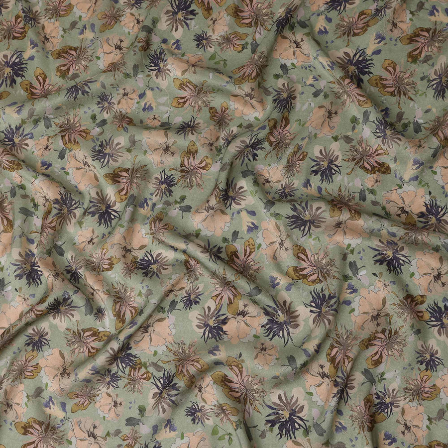 Sage Green Floral Pure Viscose Modal Satin Fabric 110cm