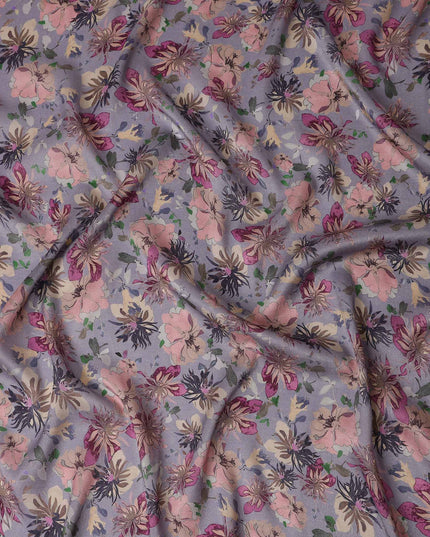 Dusty Lilac Grey Floral Pure Viscose Modal Satin Fabric