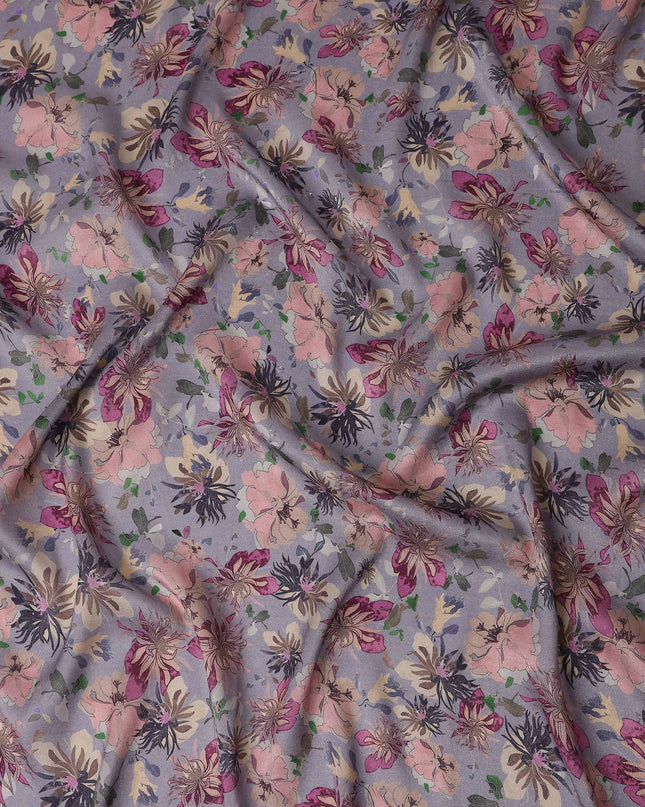Dusty Lilac Grey Floral Pure Viscose Modal Satin Fabric