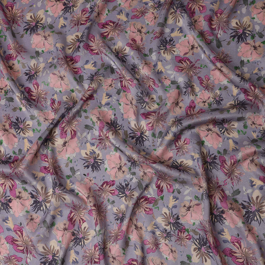 Dusty Lilac Grey Floral Pure Viscose Modal Satin Fabric