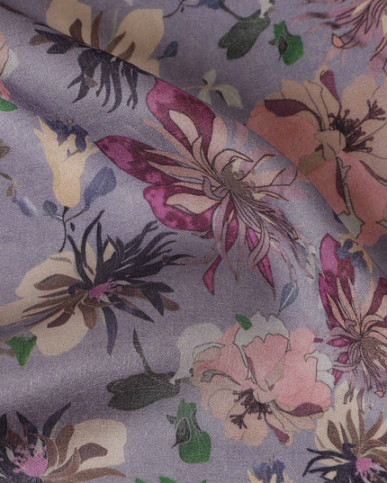 Dusty Lilac Grey Floral Pure Viscose Modal Satin Fabric
