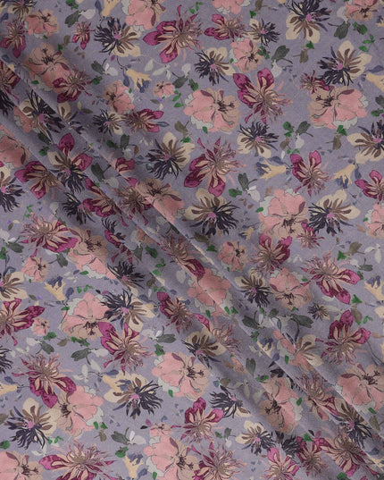 Dusty Lilac Grey Floral Pure Viscose Modal Satin Fabric