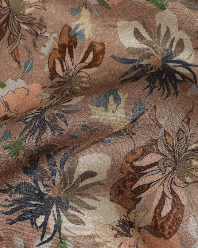 Brown Floral Printed Viscose Modal Satin Fabric 110 Cms India Origin-D27565