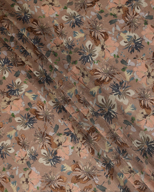 Brown Floral Printed Viscose Modal Satin Fabric 110 Cms India Origin-D27565