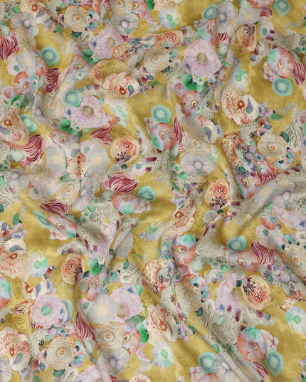 Mustard Yellow Abstract Floral Printed Viscose Modal Satin Fabric 110 Cms India Origin-D27570