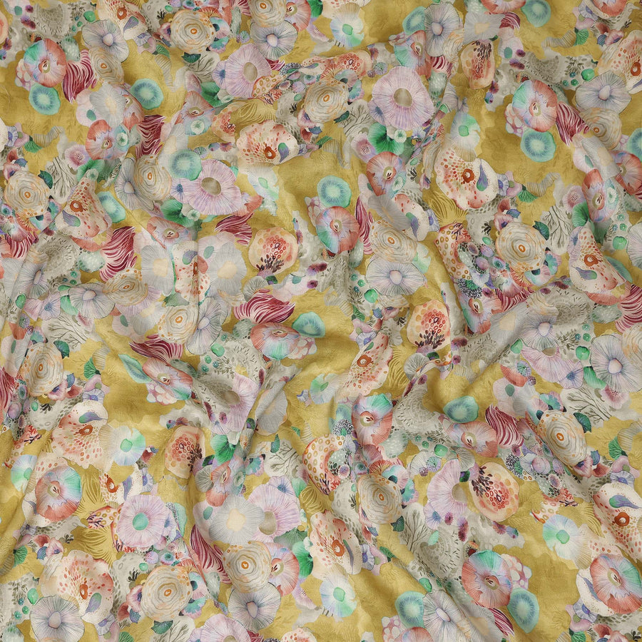 Mustard Yellow Abstract Floral Printed Viscose Modal Satin Fabric 110 Cms India Origin-D27570