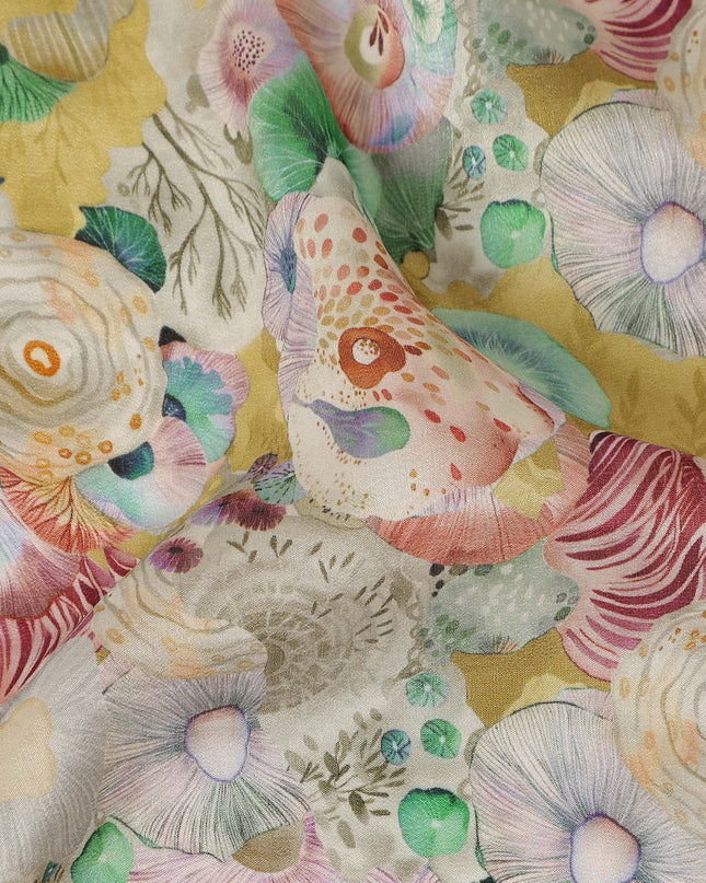 Mustard Yellow Abstract Floral Printed Viscose Modal Satin Fabric 110 Cms India Origin-D27570