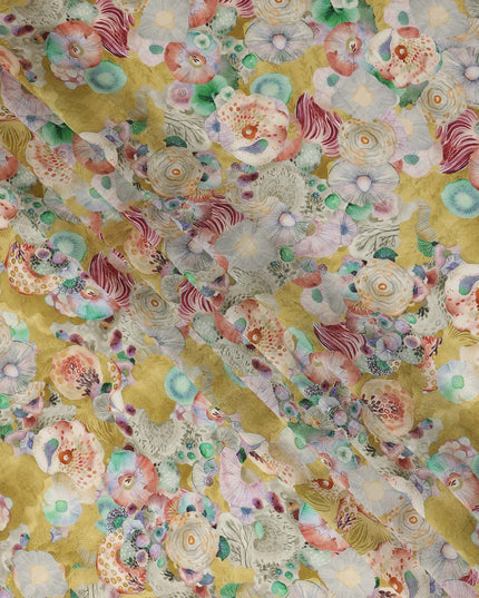 Mustard Yellow Abstract Floral Printed Viscose Modal Satin Fabric 110 Cms India Origin-D27570
