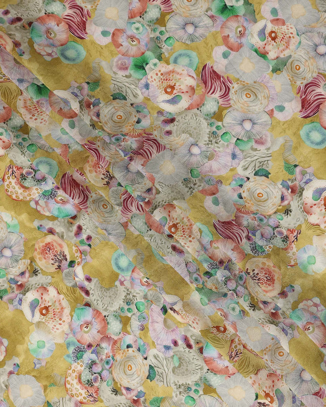 Mustard Yellow Abstract Floral Printed Viscose Modal Satin Fabric 110 Cms India Origin-D27570