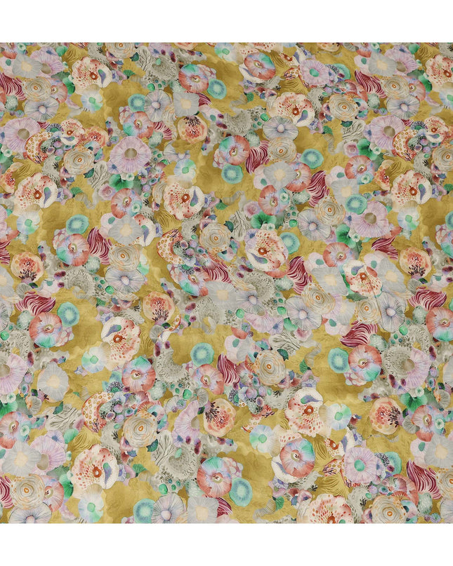 Mustard Yellow Abstract Floral Printed Viscose Modal Satin Fabric 110 Cms India Origin-D27570